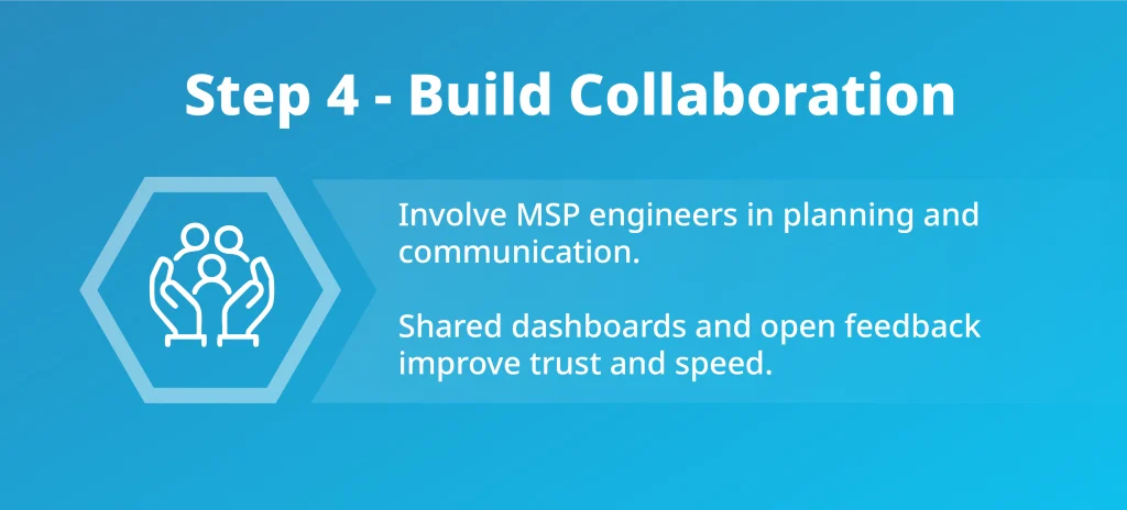 Infographic step four focusing on collaboration and shared dashboards between internal teams and MSP engineers.