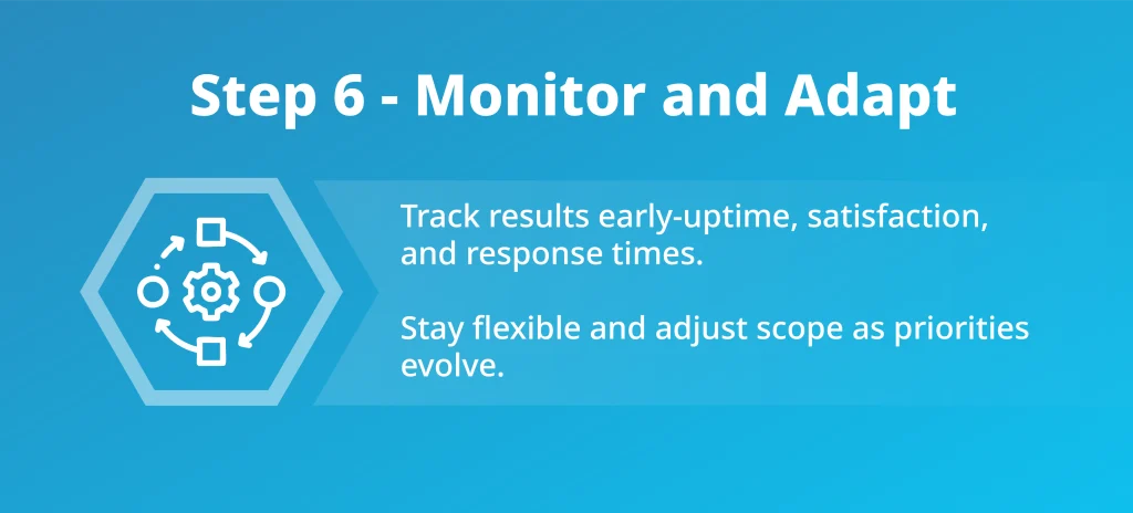 Infographic step six emphasizing performance tracking, flexibility, and continuous improvement with managed services.