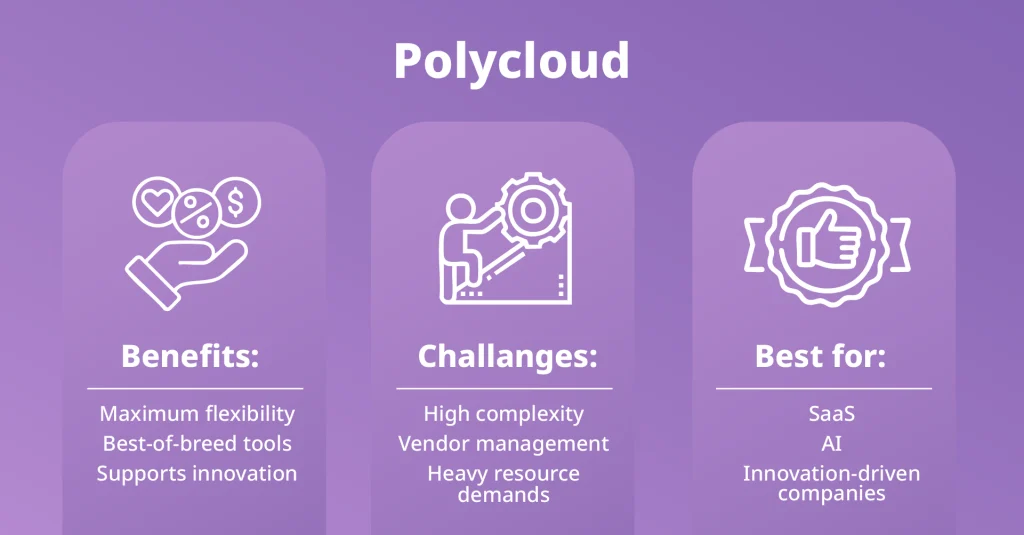 Polycloud infographic outlining benefits, challenges, and companies best suited