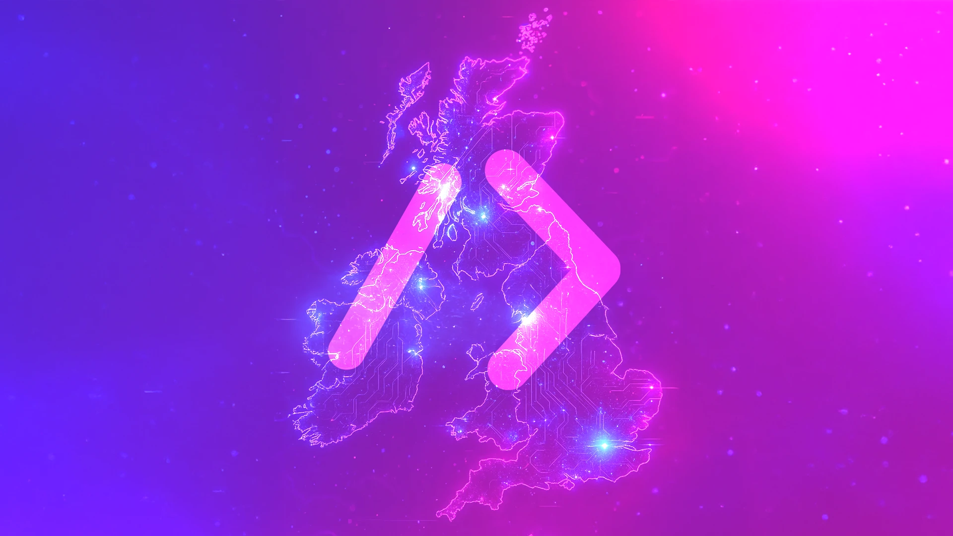Neon digital map of the UK with glowing points and arrows, symbolizing Deployflow’s digital transformation expertise.