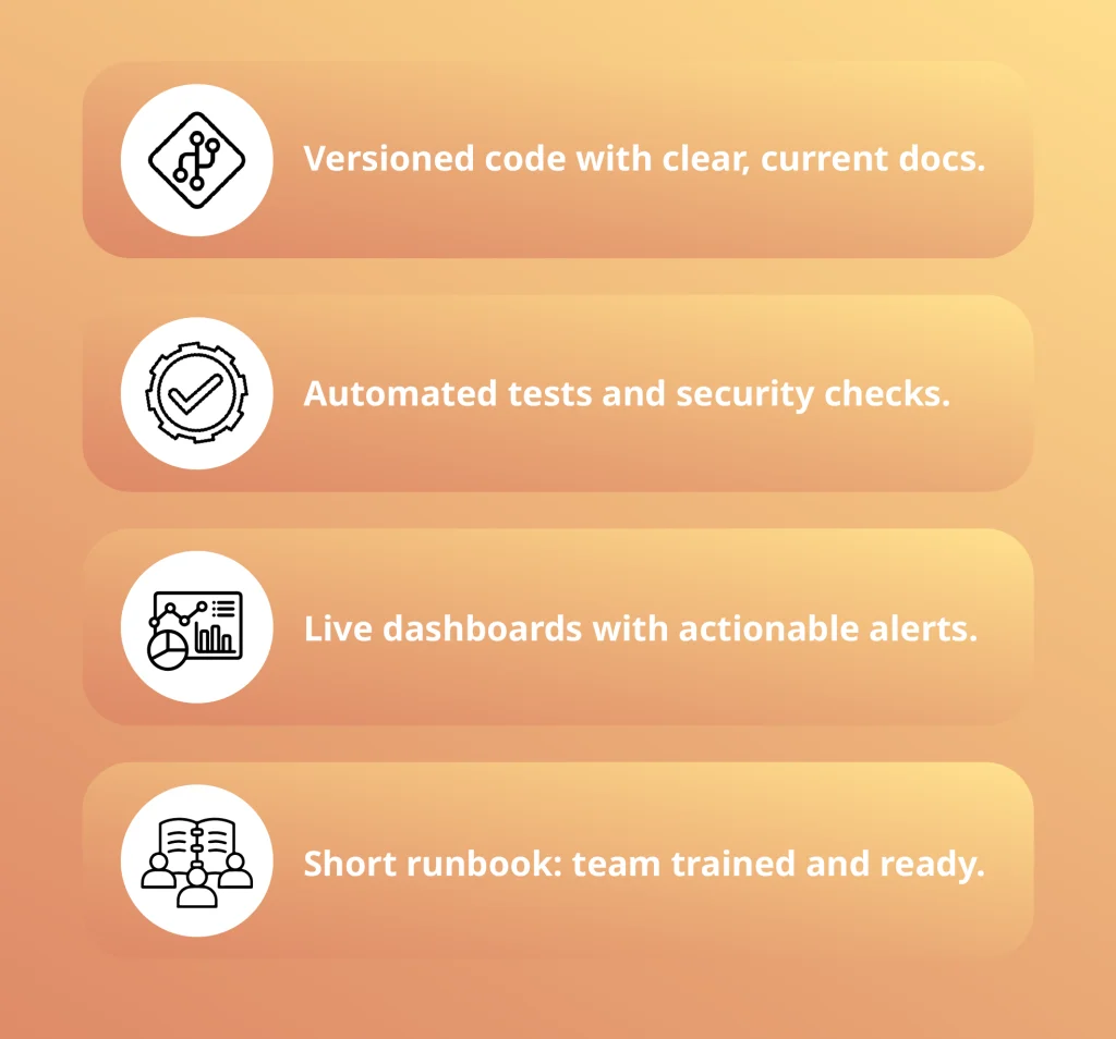 Checklist for DevOps automation: versioned code, automated tests, live dashboards, and a trained team with a clear runbook.