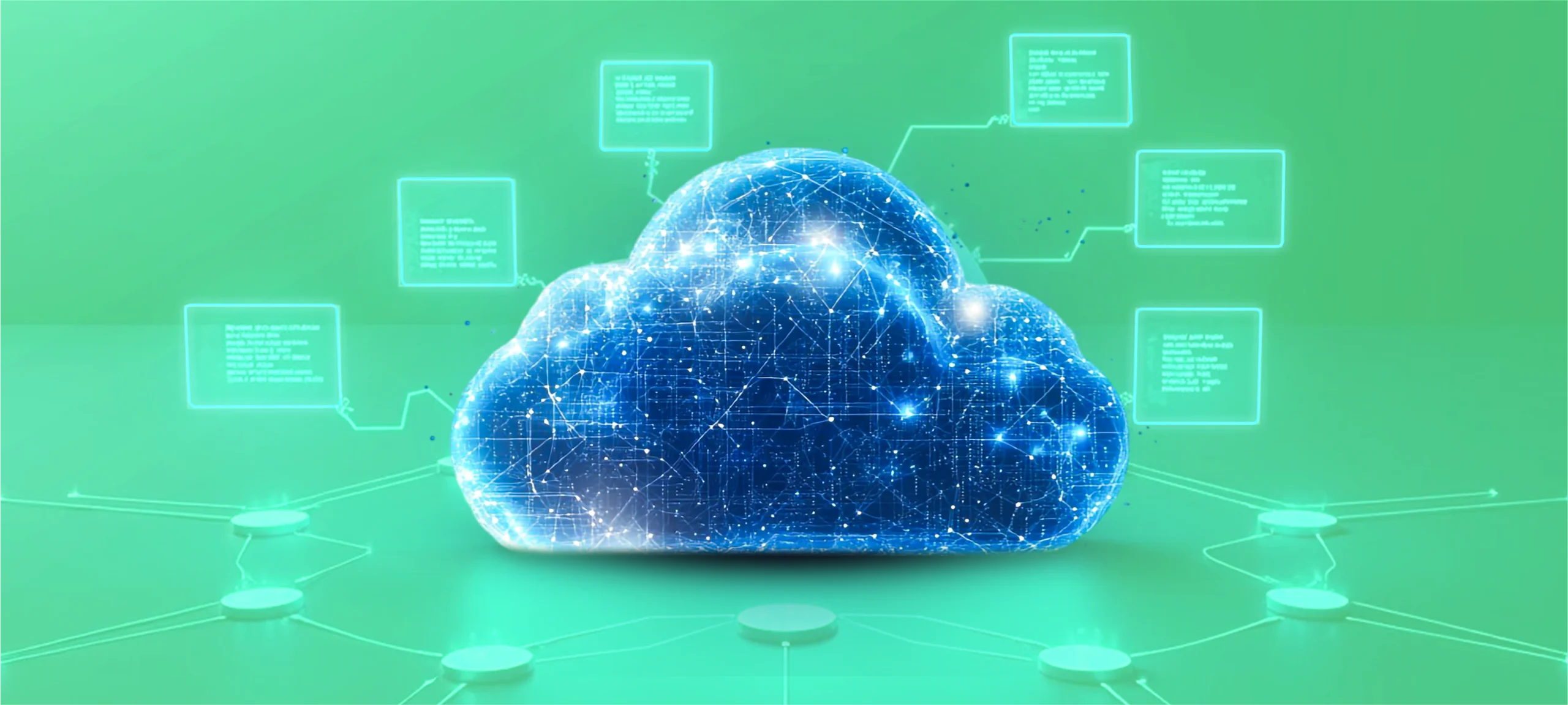 Illustration of a connected digital cloud network representing cloud strategy consulting, data integration, scalability, and informed decision-making for modern businesses.