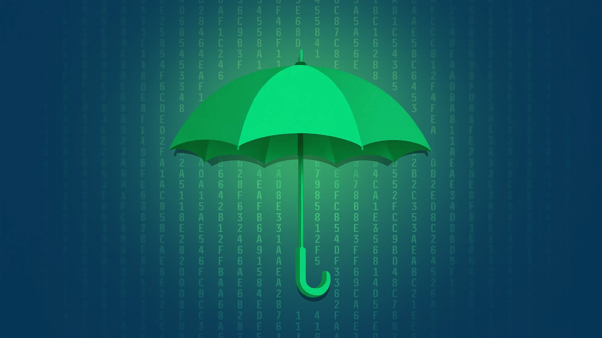 Green umbrella over code background representing Deployflow's IT resilience solutions for UK SMBs.