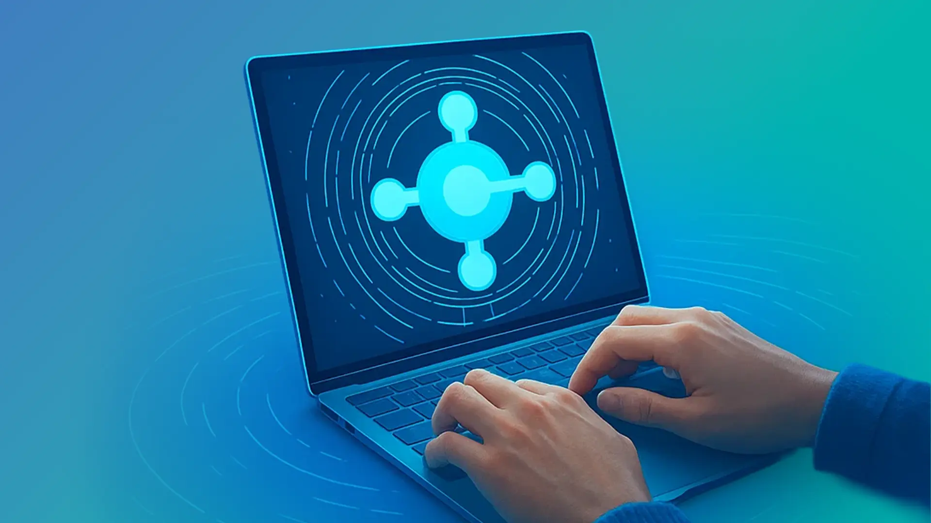 Hands on laptop with Business Central logo, showing Deployflow ERP migration.