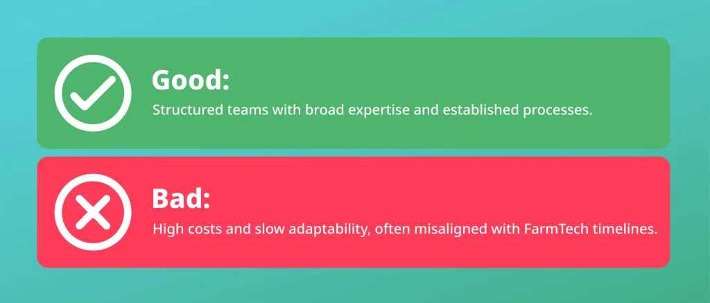 Infographic with pros and cons of agencies in FarmTech delivery: strong processes and expertise but high cost and low adaptability.