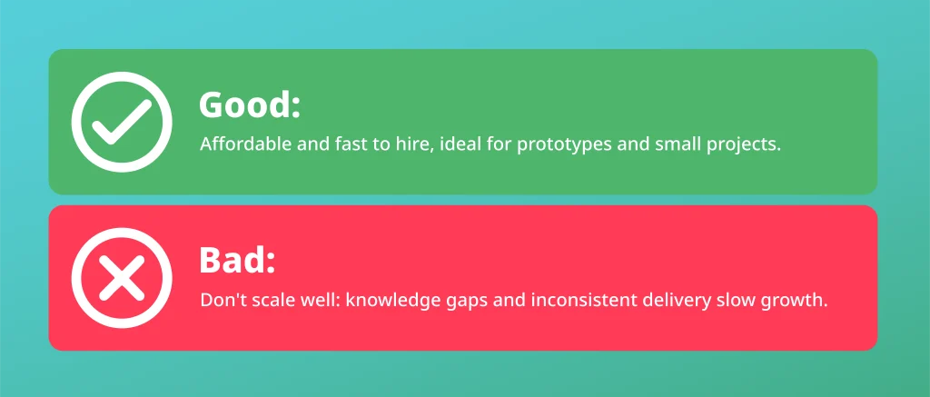 Infographic with pros and cons of freelancers in FarmTech delivery: good for prototypes, bad for scalability and consistency.