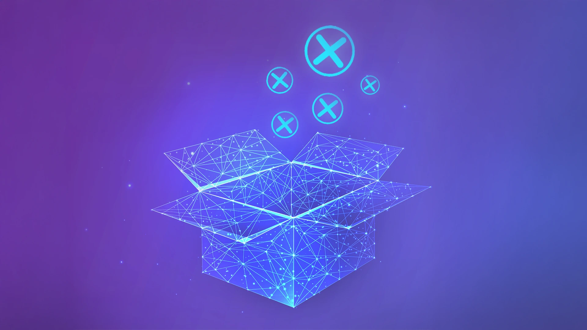 Digital wireframe illustration of an open box with floating X icons, symbolizing common product delivery mistakes tech leaders should avoid in 2025
