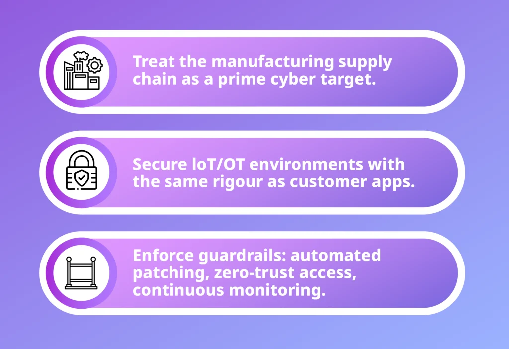 Infographic highlighting DevSecOps lessons from JLR: securing supply chains, protecting IoT/OT environments, and enforcing automated guardrails.