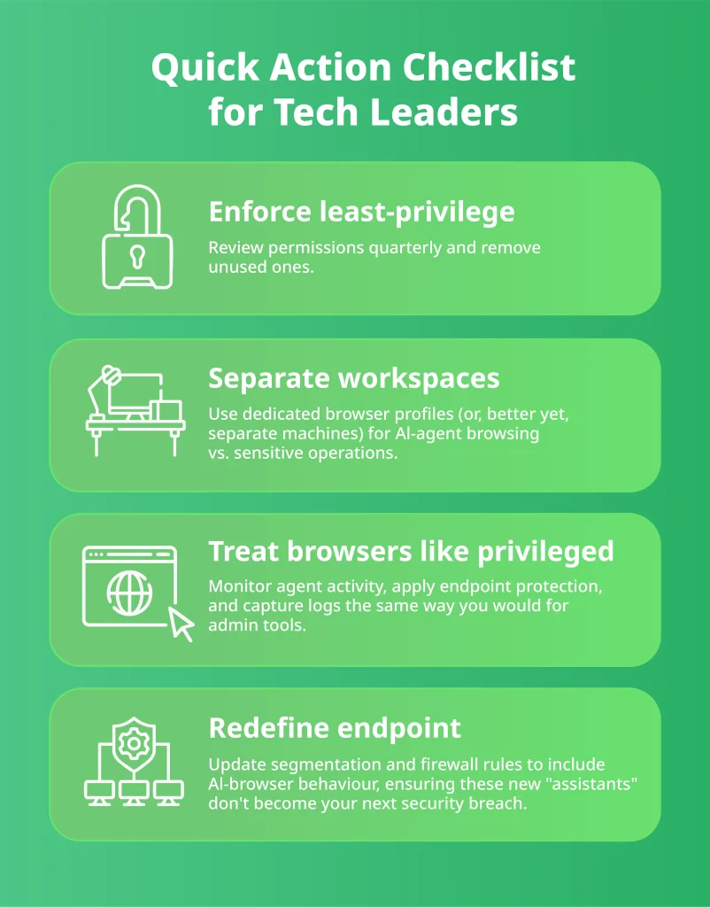 Infographic with quick security action checklist for tech leaders managing AI browsers