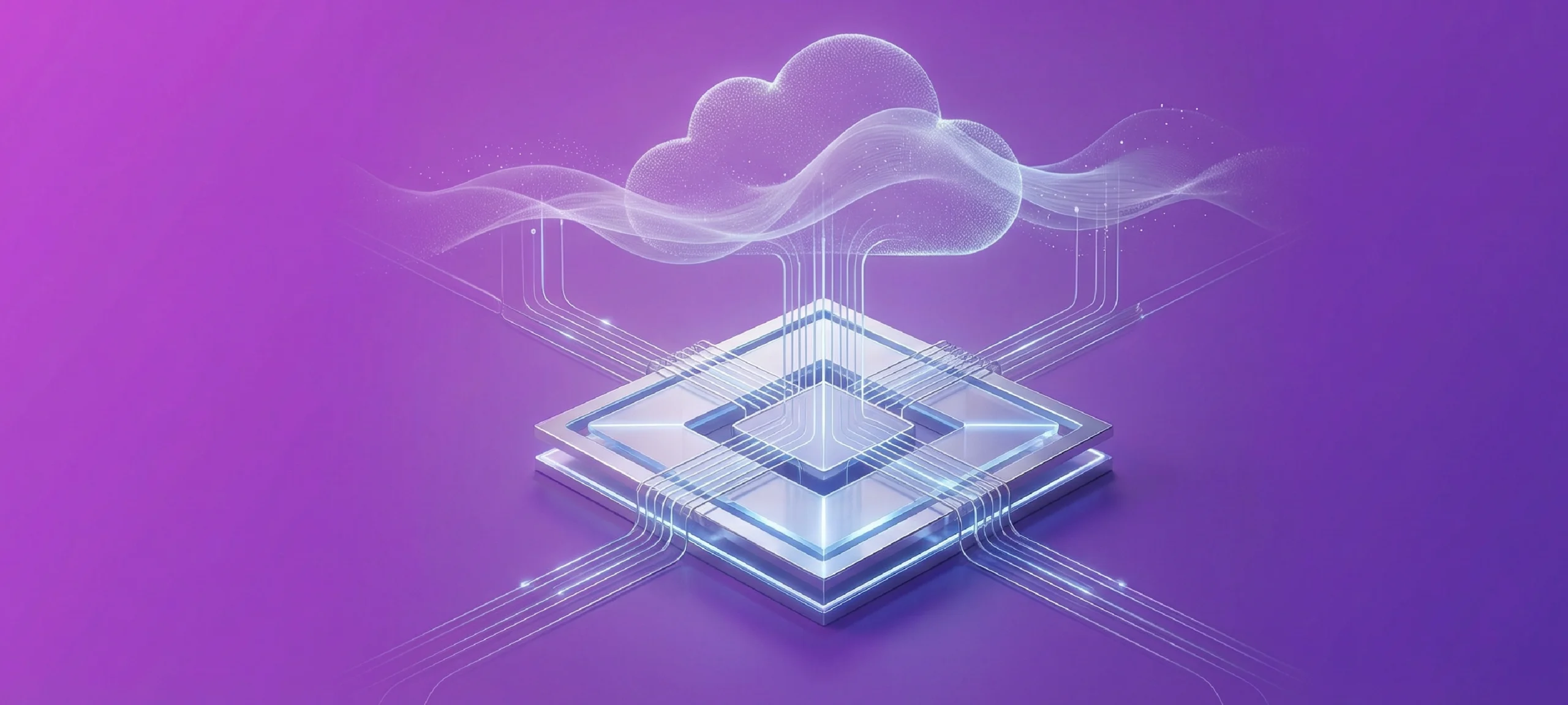 Abstract cloud platform illustration showing a glowing cloud connected to a digital infrastructure base on a purple background