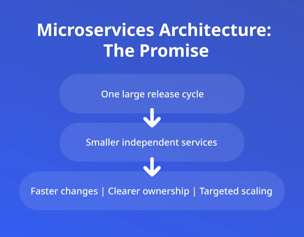 Microservices architecture promise infographic with smaller services enabling faster delivery and targeted scaling
