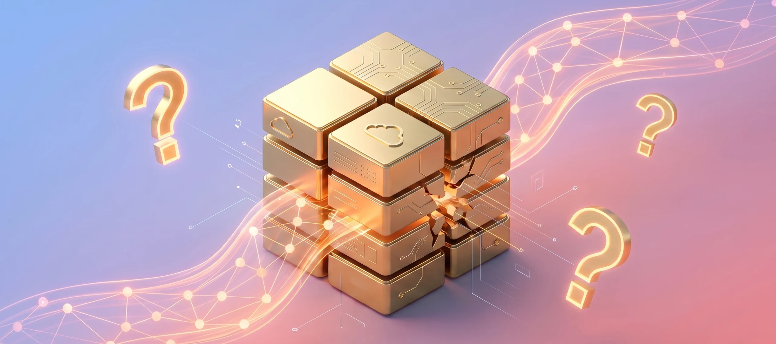 Cracked gold software stack with question marks representing AI agents disrupting the SaaS model