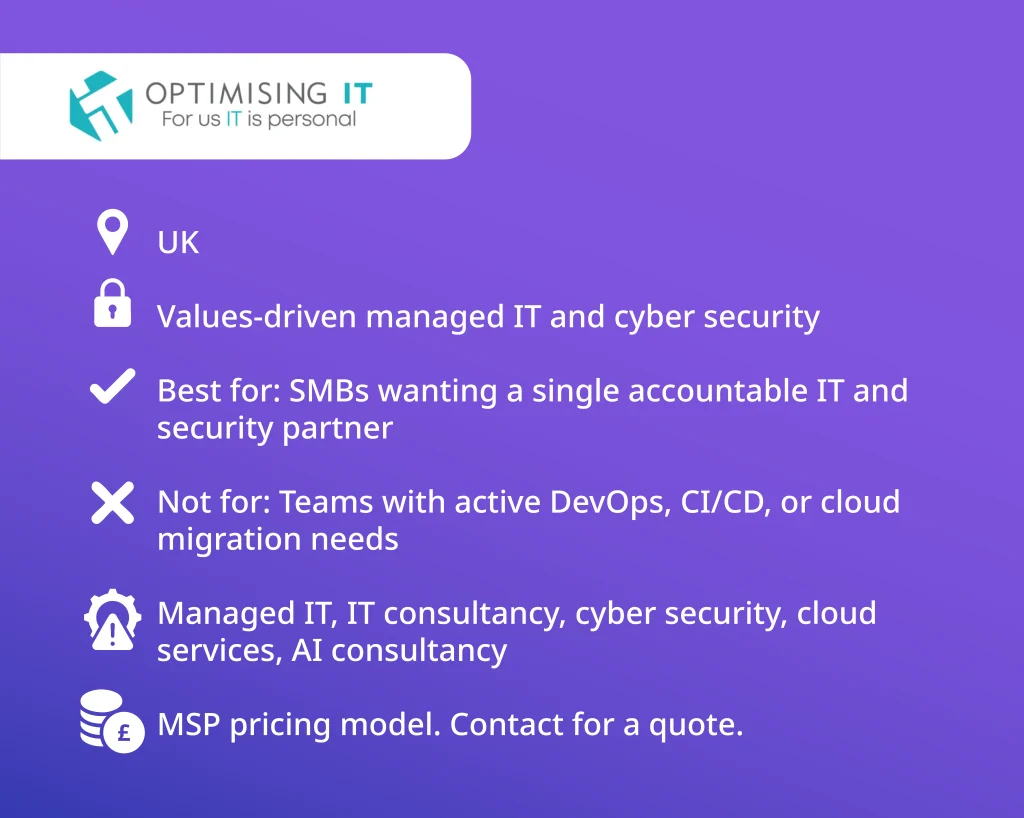 Optimising IT overview card among top DevOps service companies in 2026 — values-driven managed IT and cyber security, UK, MSP pricing model
