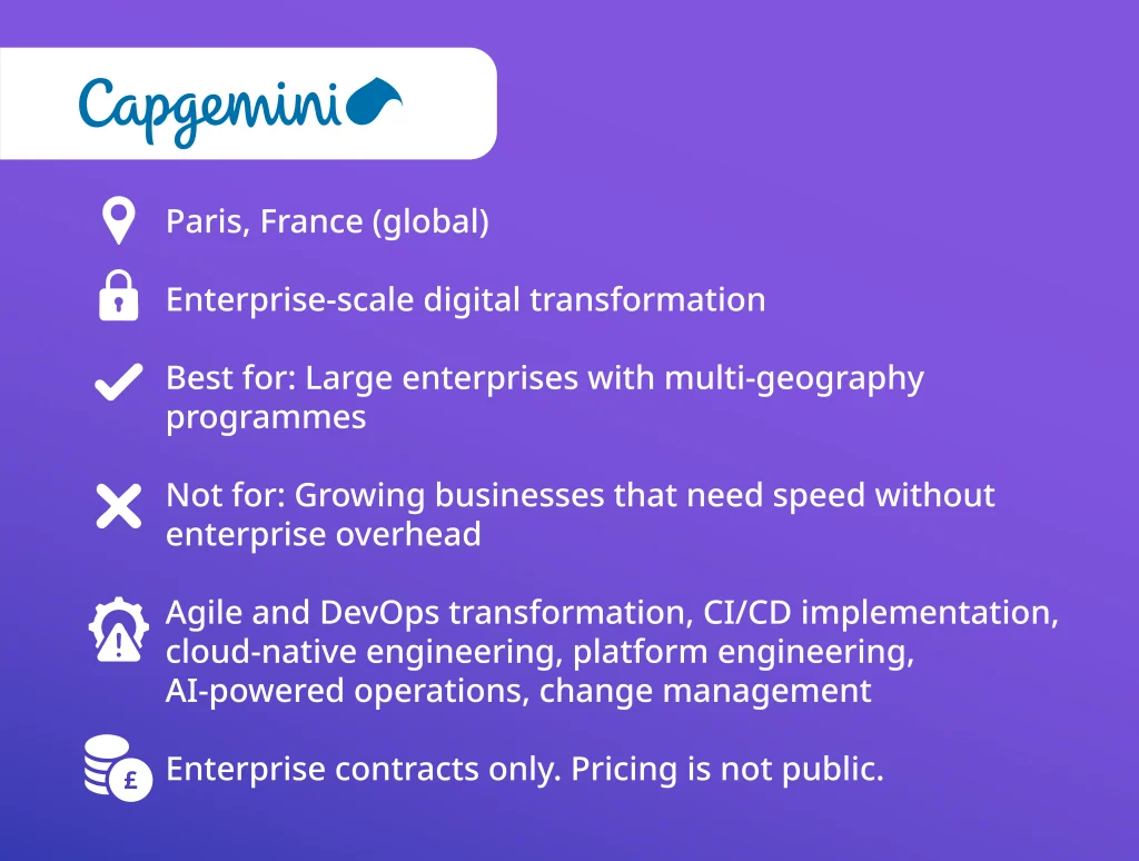 Capgemini overview card as a top DevOps service company in 2026 — enterprise-scale digital transformation, Paris, enterprise contracts only