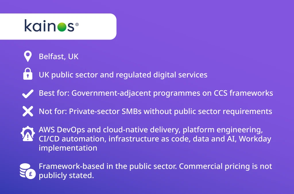 Kainos overview card among top DevOps service companies in 2026 — UK public sector and regulated digital services, Belfast, framework-based pricing