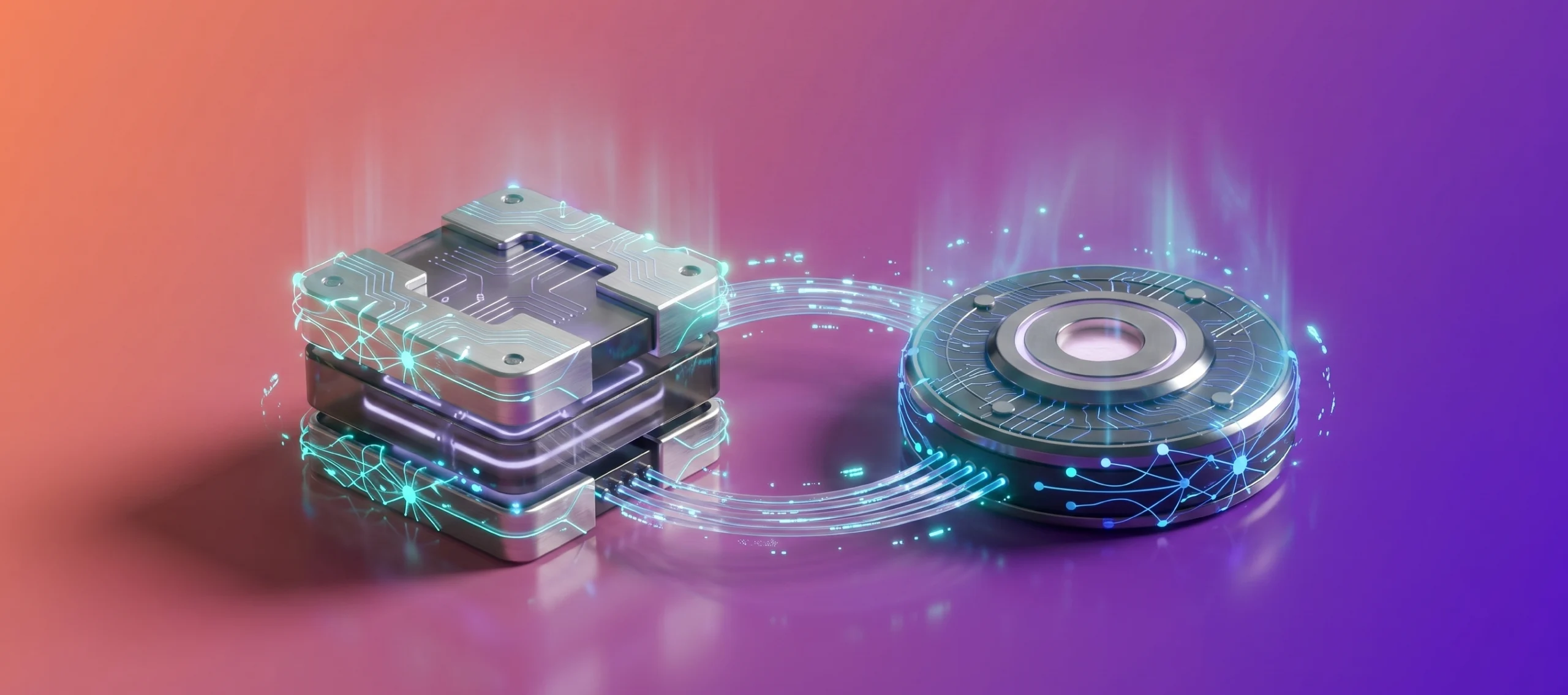 Abstract 3D render of two connected AI engineering components representing embedded delivery partnership for AI companies scaling to production