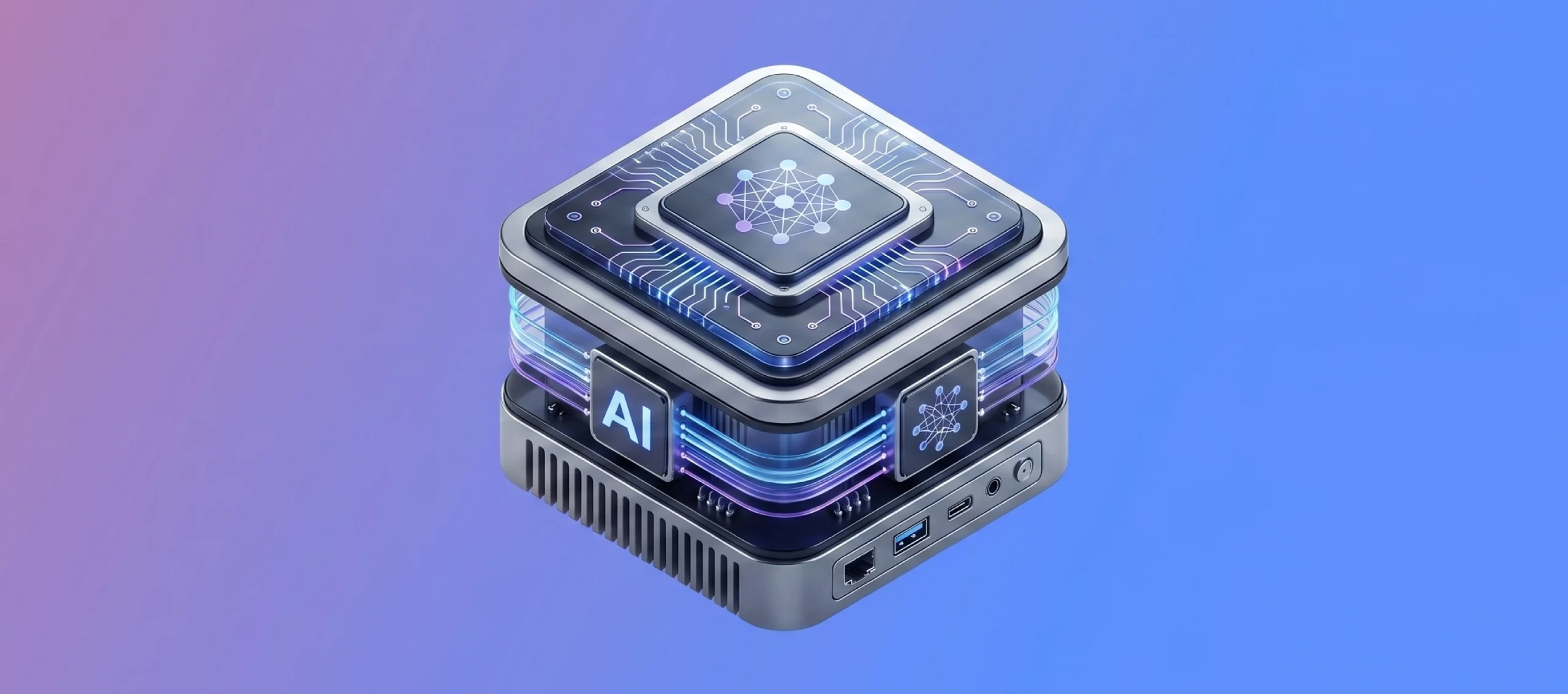 Layered AI hardware stack on a purple-to-blue gradient, representing the infrastructure evaluation framework for choosing an AI engineering company
