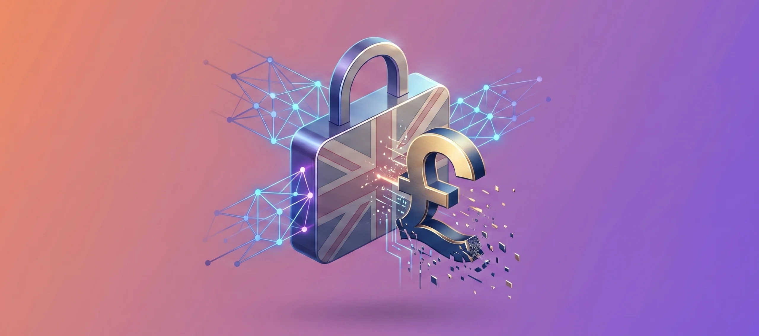 UK enterprise AI project delivery blocked by governance with Union Jack padlock and pound sign dissolving into fragments