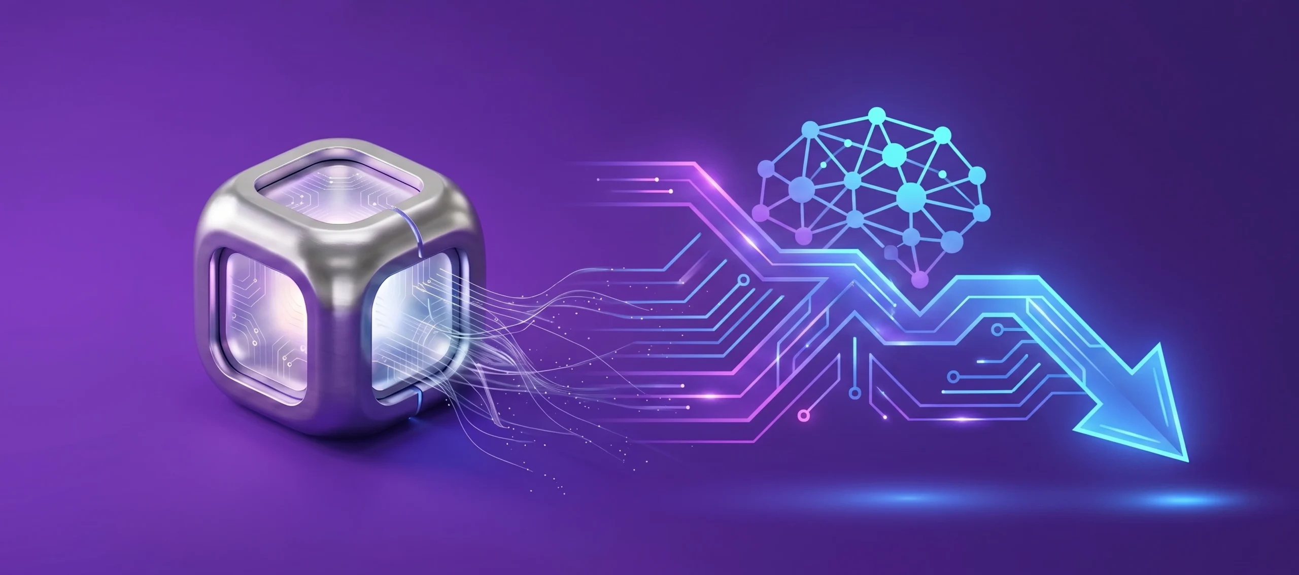 Ungoverned AI represented as a metallic circuit cube emitting data streams toward a declining arrow, illustrating how ungoverned AI silently erodes engineering ROI