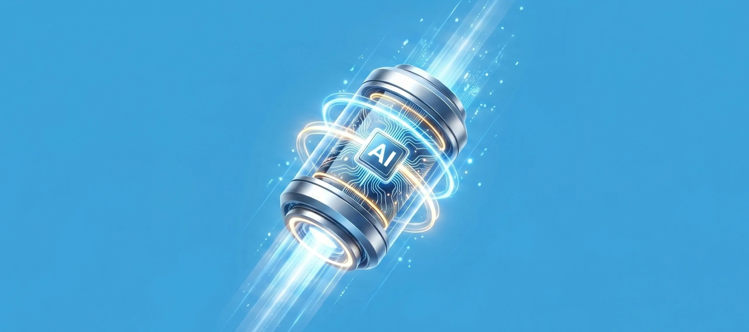 AI acceleration for CTOs: a glowing AI chip module in motion on blue background
