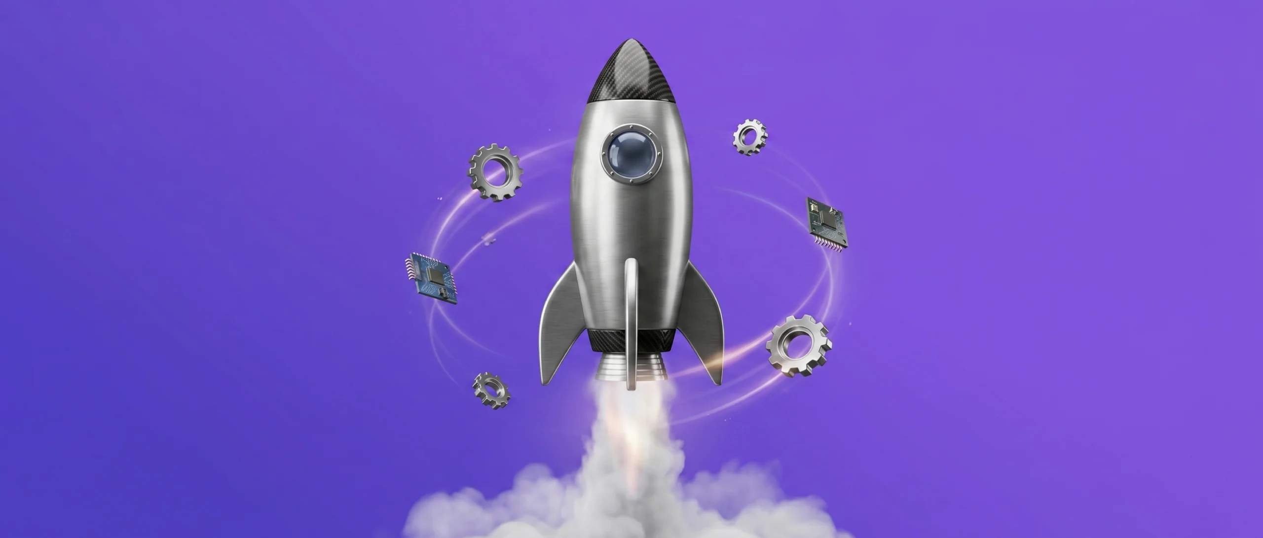 Rocket launching with gears and microchips, illustrating DevOps services as a growth engine for small teams and startups.