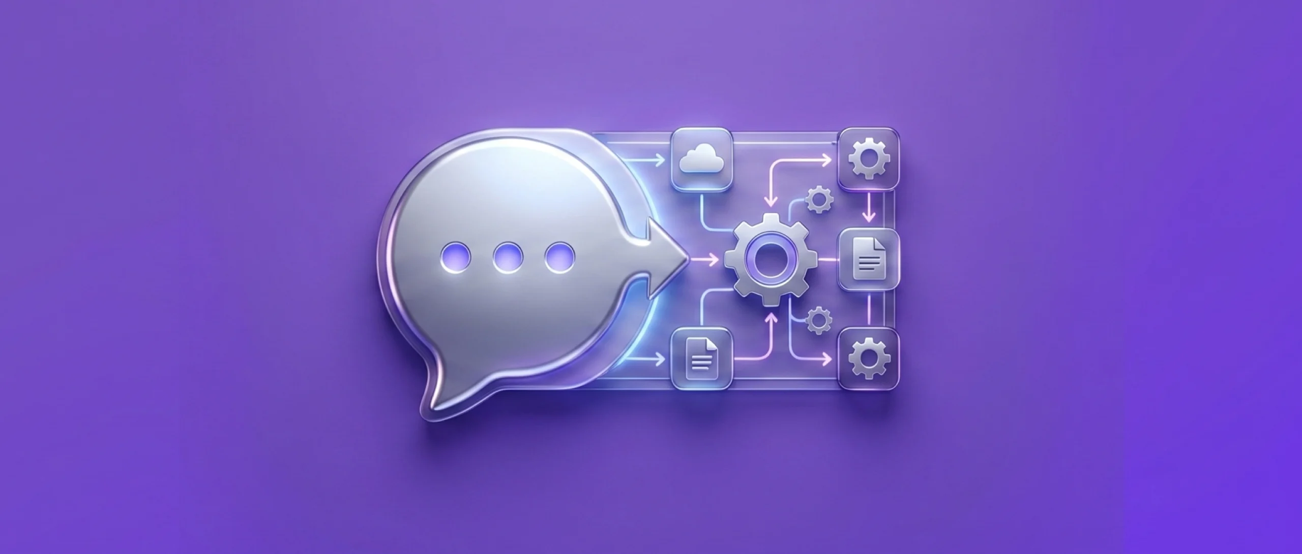 A purple conceptual illustration of AI agent engineering showing a chat bubble icon transitioning through an arrow into a complex network of automated backend gears and system processes.