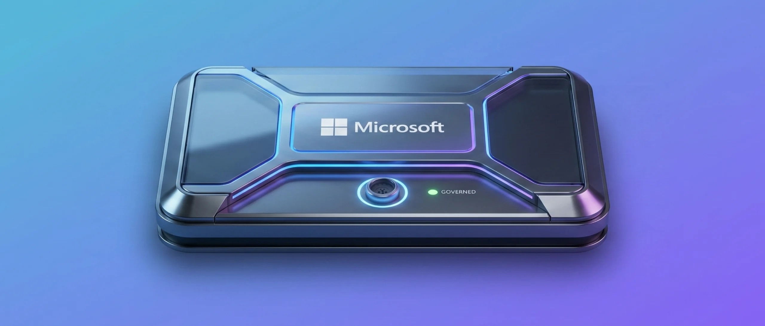 A futuristic sleek hardware device featuring the Microsoft logo and a glowing green indicator light labeled 'GOVERNED', representing secure Microsoft Foundry governance.