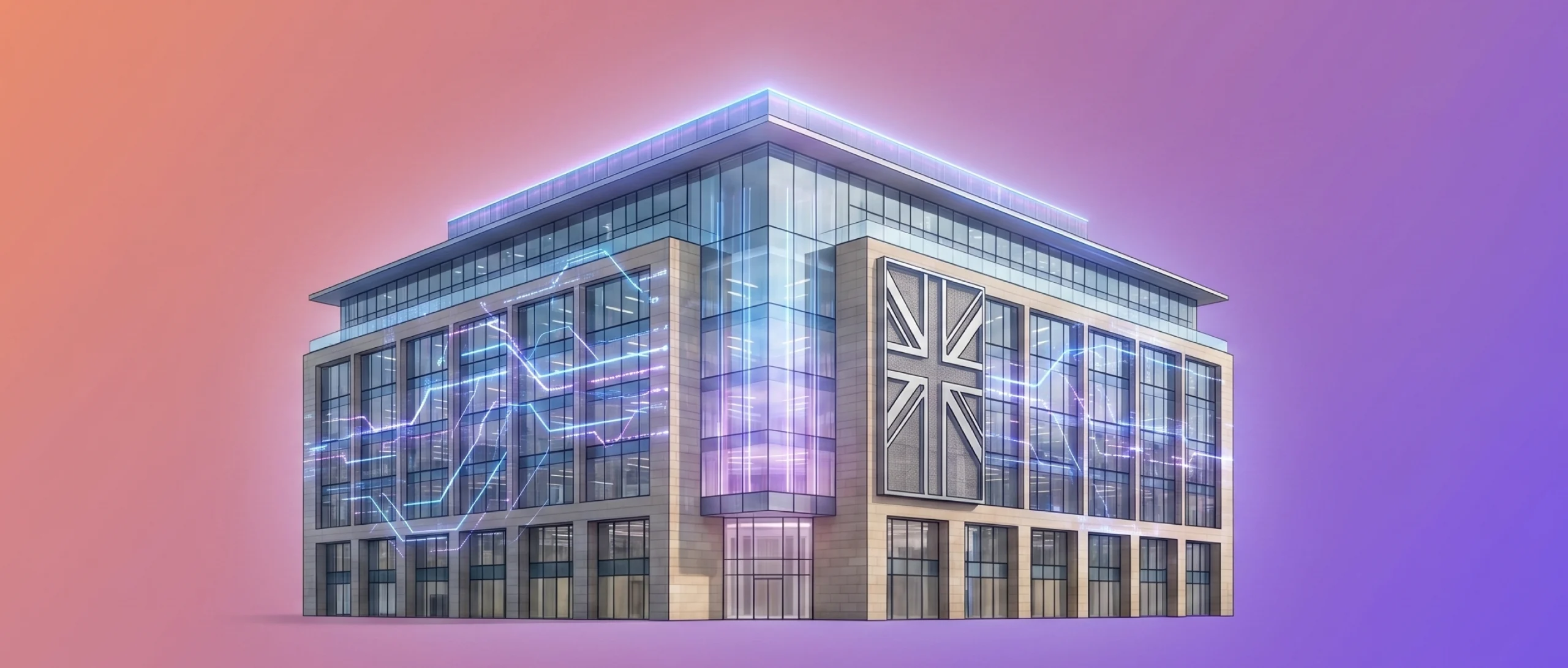 UK public sector AI illustrated as a government building with data and Union Jack motifs
