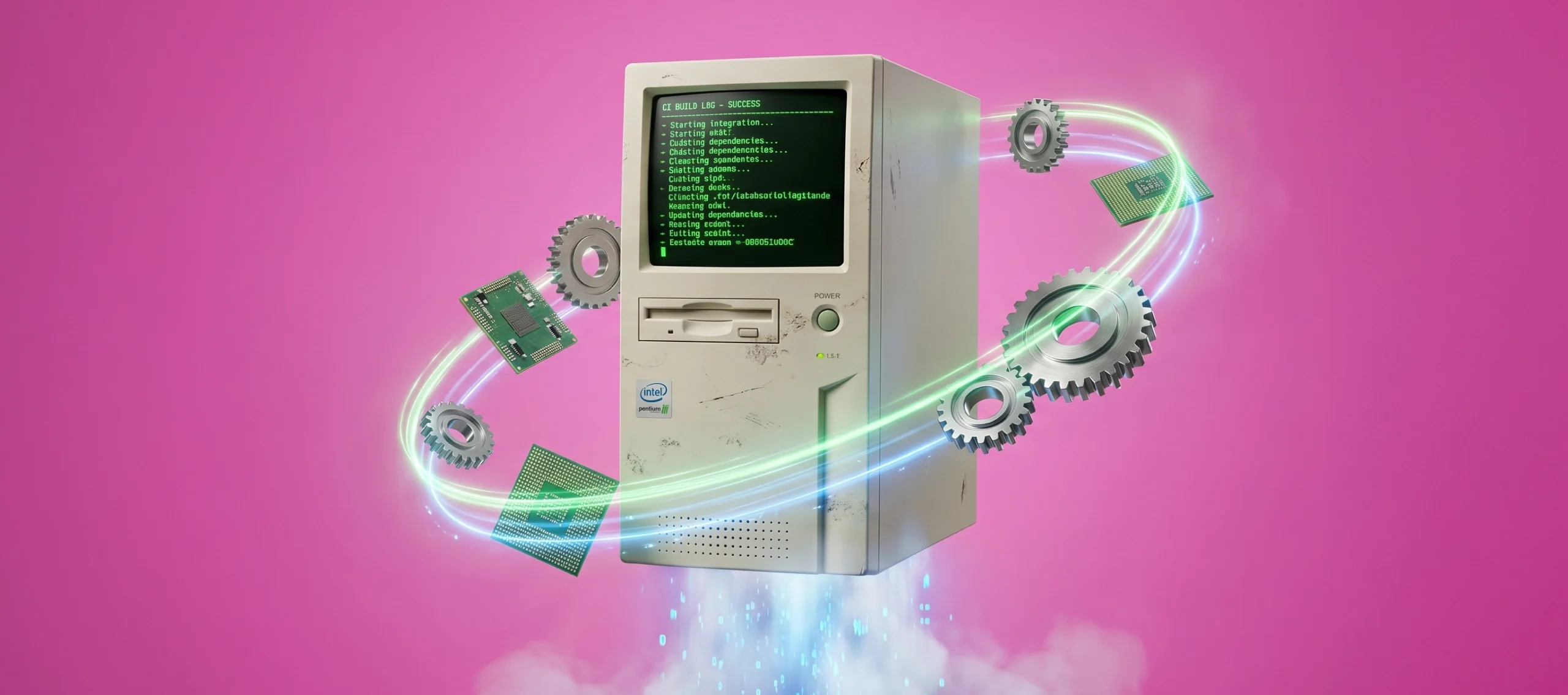 A retro desktop computer surrounded by gears symbolizing continuous integration for legacy systems.