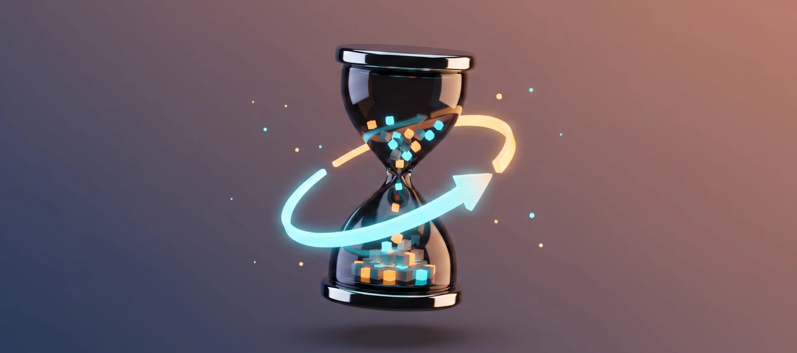3D hourglass filled with data cubes and circled by a glowing arrow, representing compressed AI system delivery timelines.