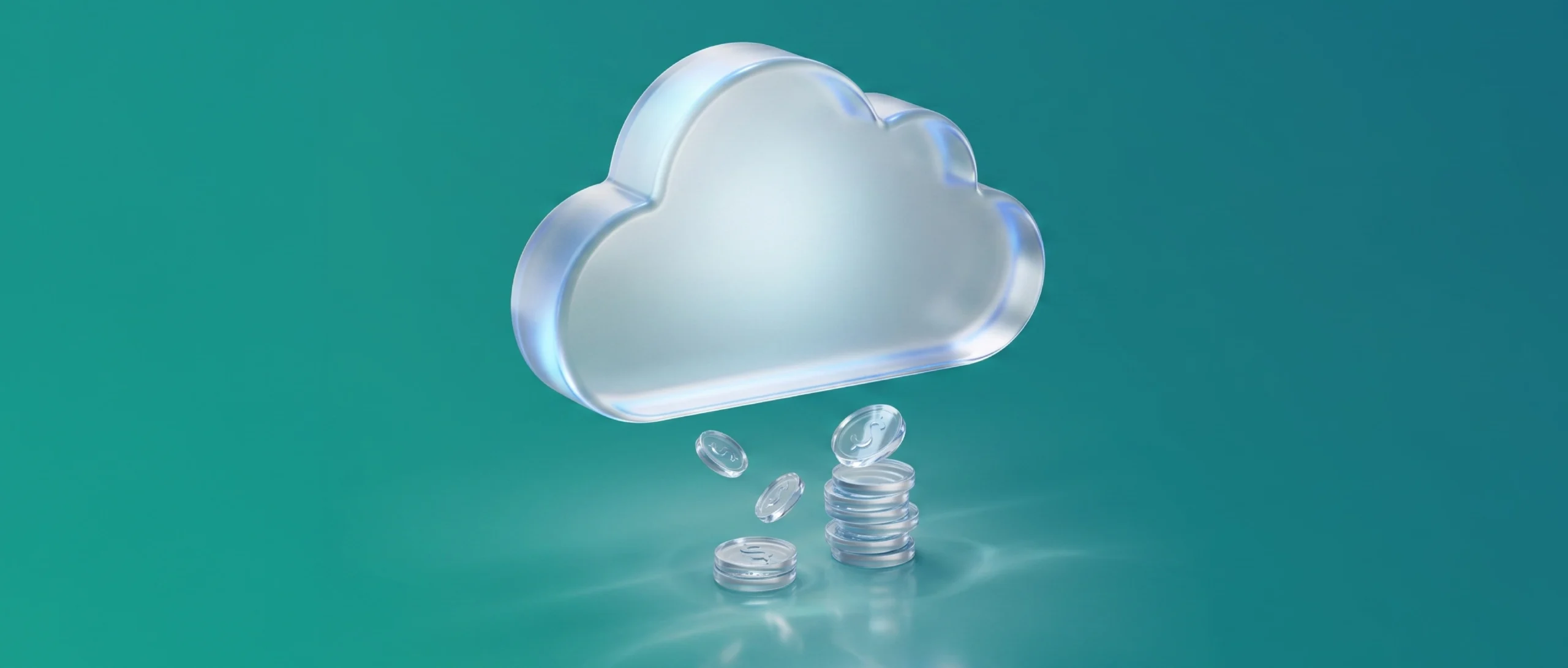 Managed cloud services cost concept: a translucent glass cloud with dollar coins falling into a stack below it