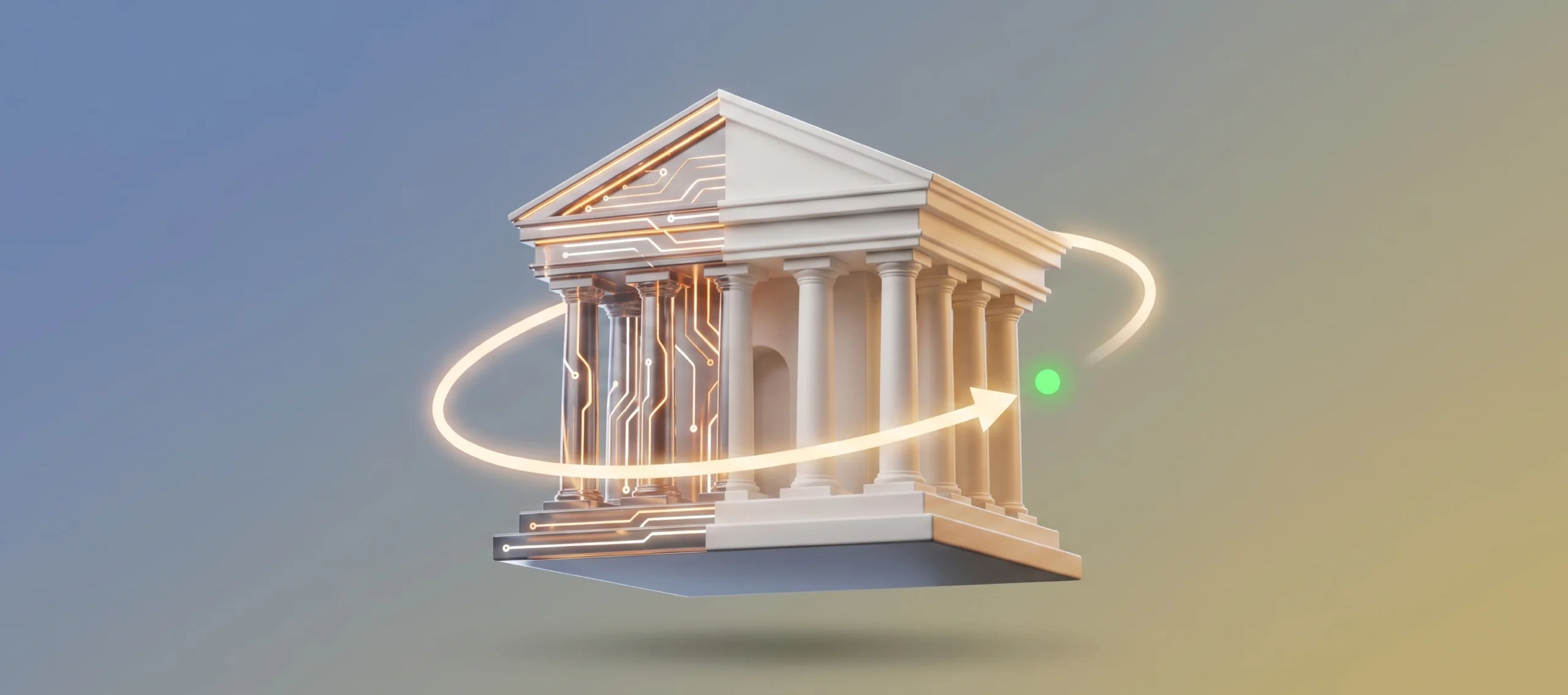 Government building turning from stone into digital circuitry, illustrating how to modernise legacy public sector systems