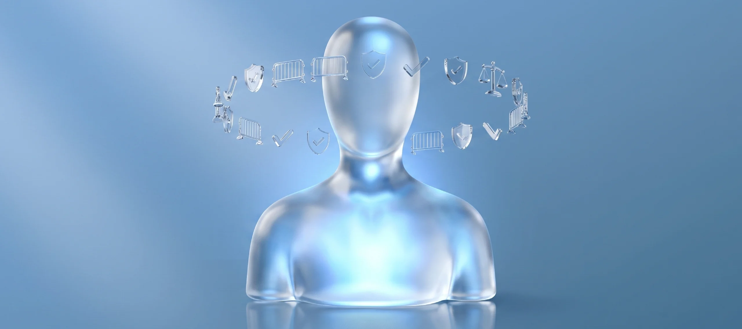 Agentic AI governance concept: a translucent human figure ringed by shields, checkmarks, barriers, and scales