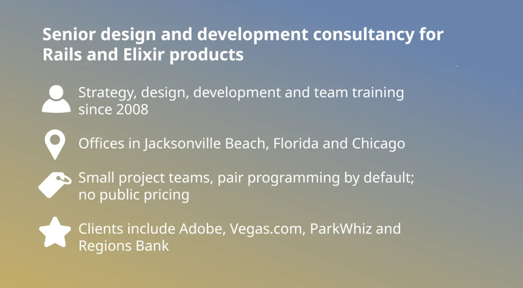 Hashrocket card among the top custom software development companies, senior Rails and Elixir consultancy, HQ Jacksonville Beach and Chicago
