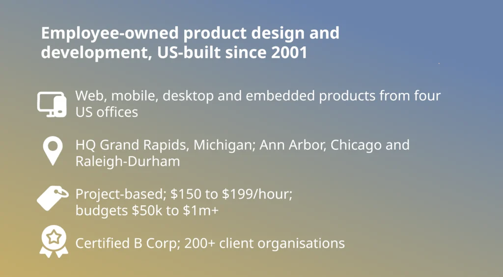 Atomic Object card among the top custom software development companies, employee-owned product design, B Corp, HQ Grand Rapids