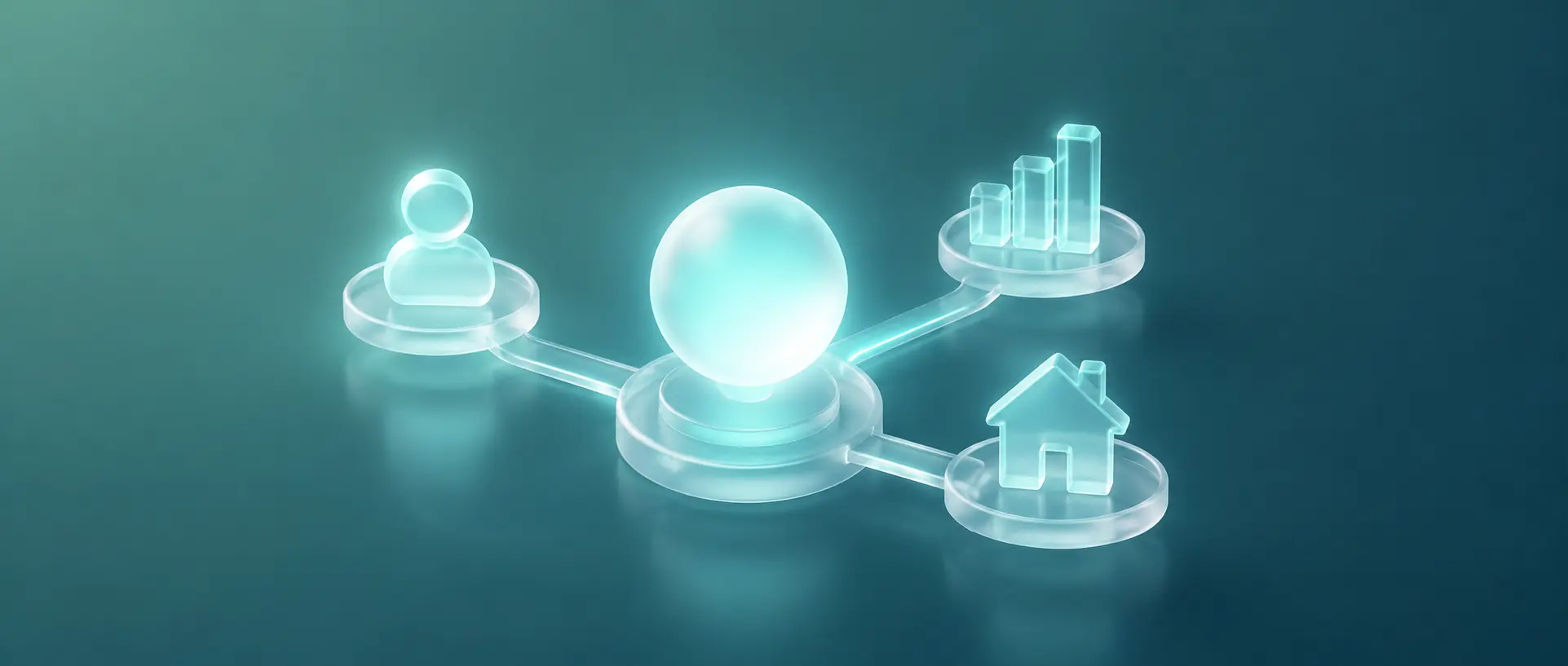 Glowing glass orb linked to a person, bar chart, and house icons on teal, illustrating agentic arbitrage and an agent-ready estate.