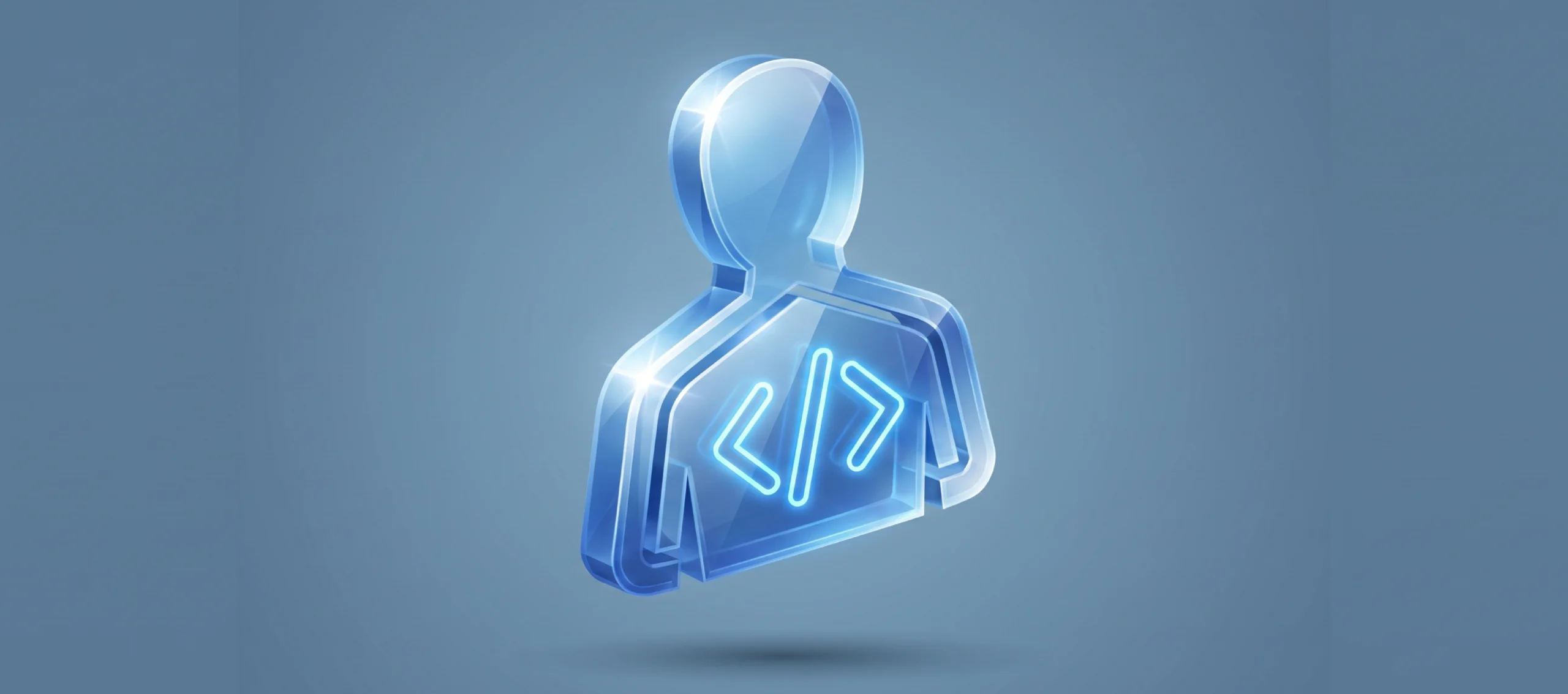 Glass 3D figure of a developer with a glowing code symbol, illustrating vibe coding entering the enterprise stack