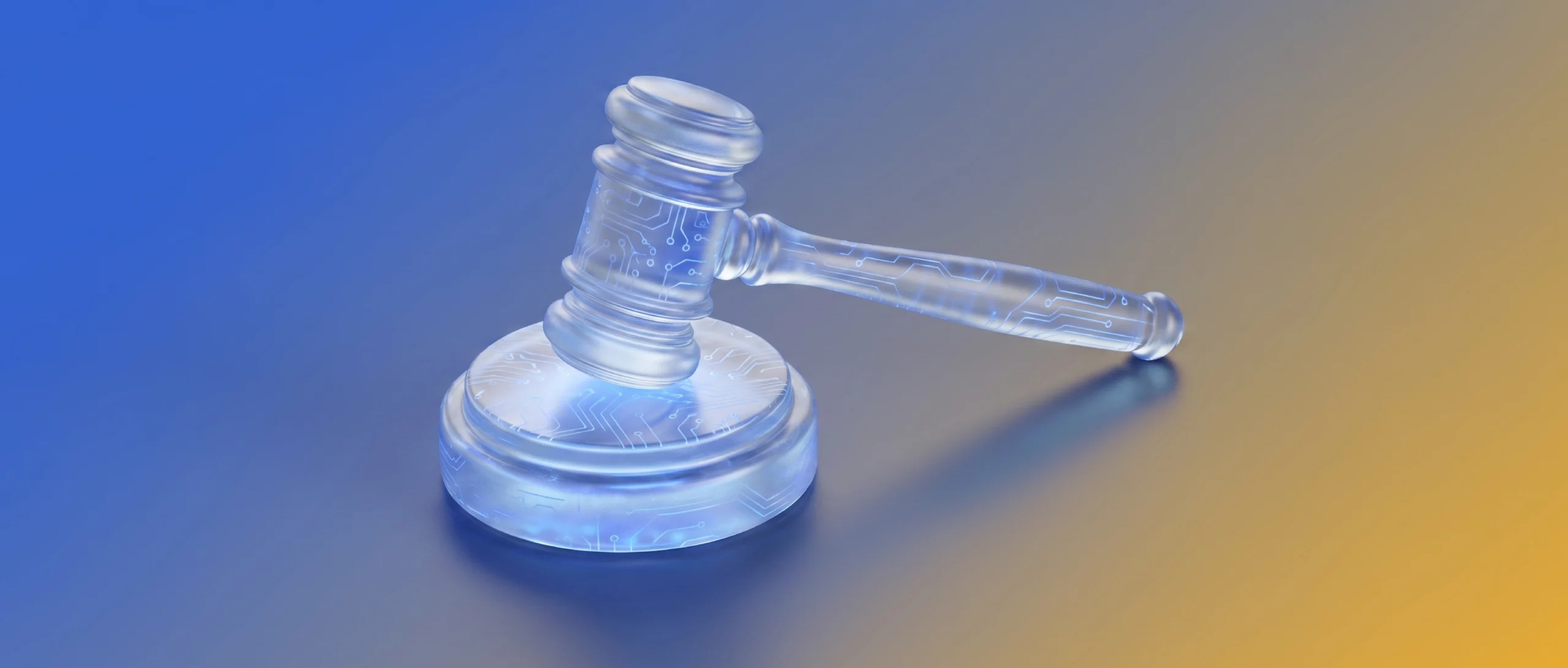 UK AI governance article cover image featuring a translucent gavel with digital circuit patterns