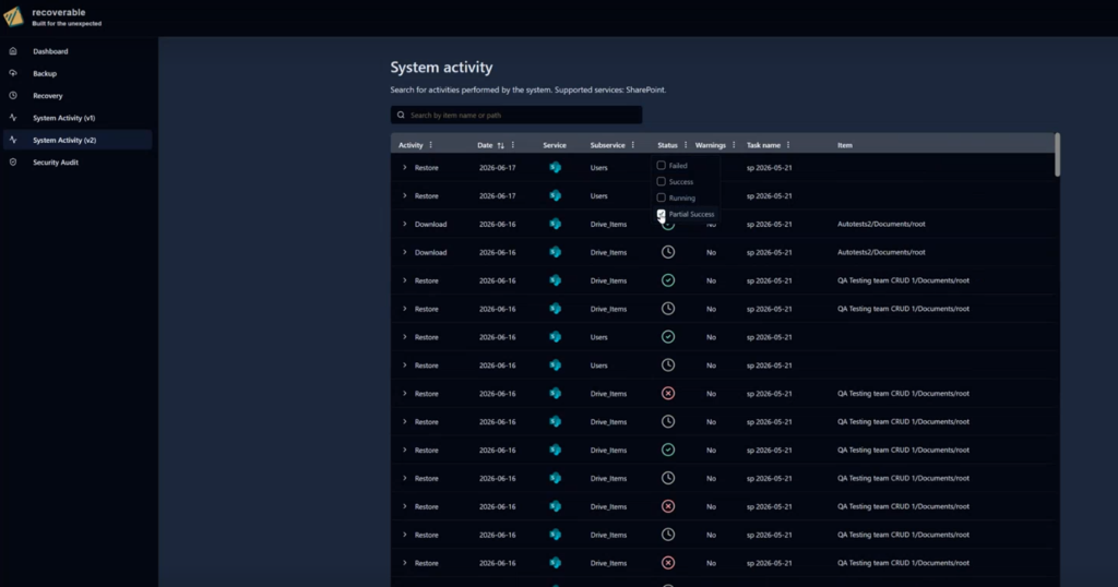 Recoverable System Activity log of Microsoft 365 backup and restore tasks