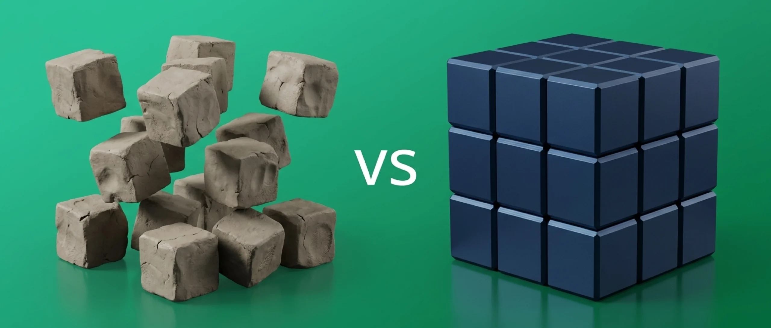 Loose crumbling blocks beside a solid assembled cube, the AI experimentation vs AI engineering divide