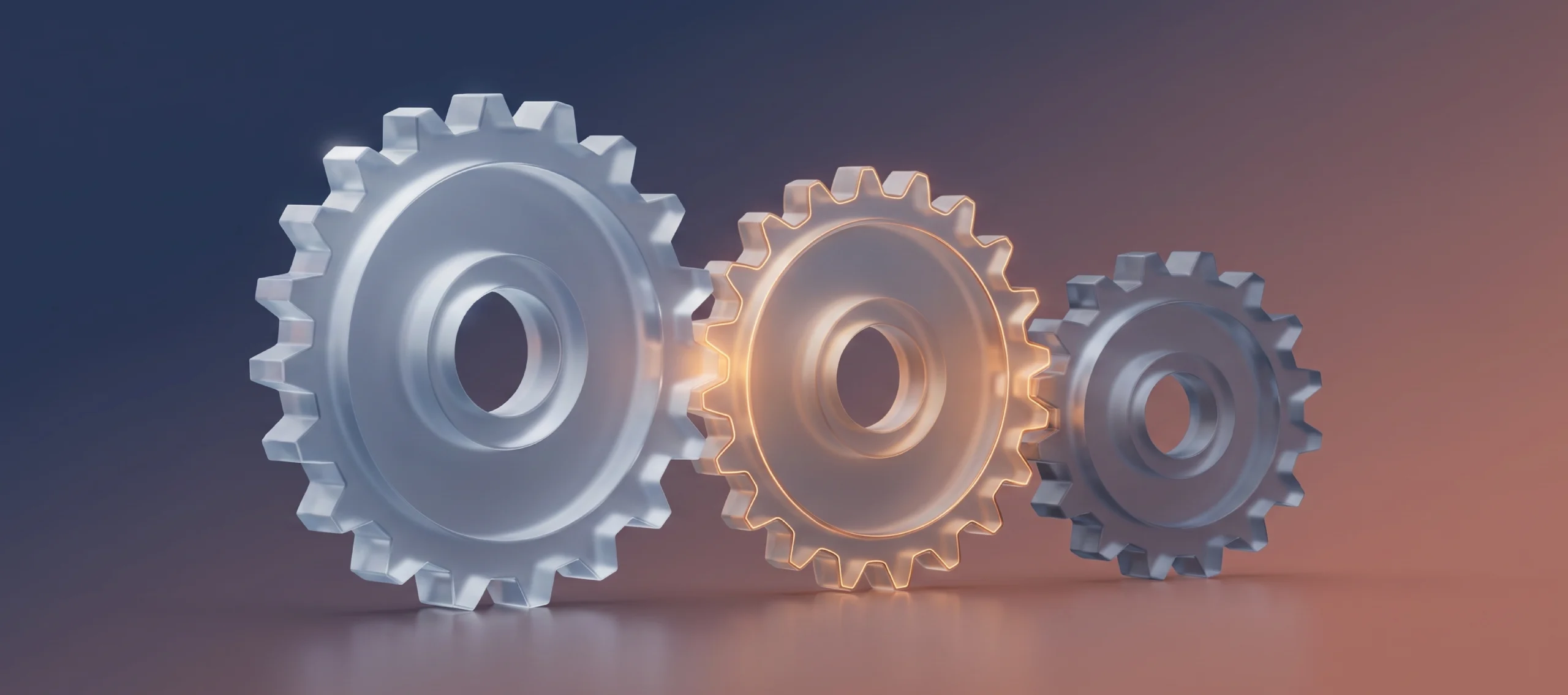 Three interlocking metal gears representing AI engineering infrastructure meshing to move AI delivery faster
