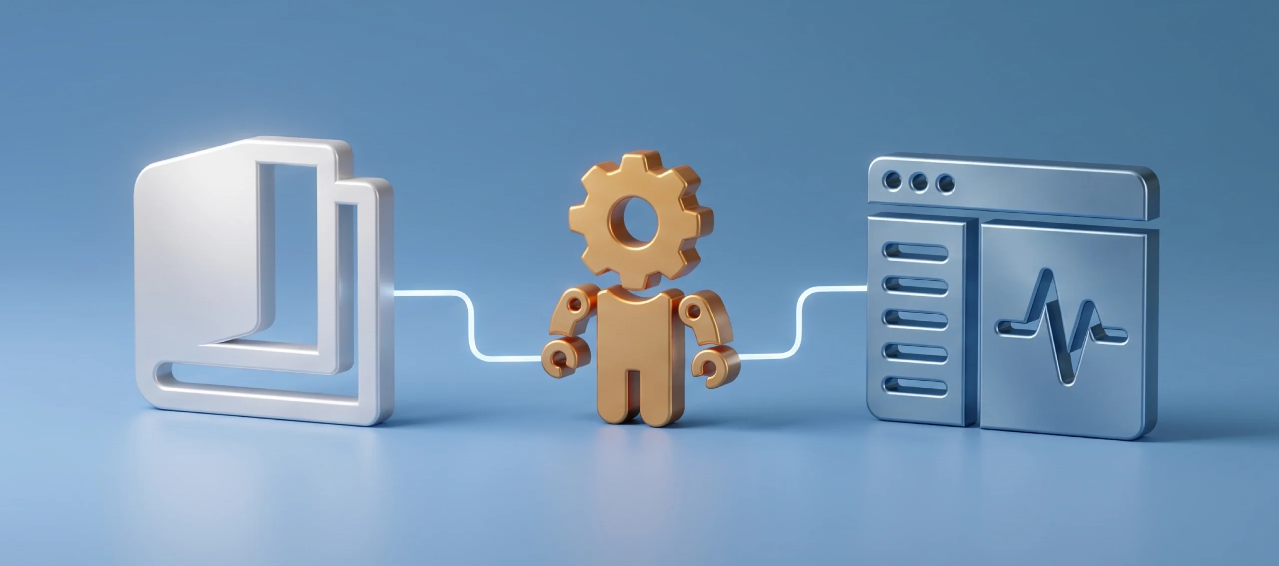Minimalist 3D render showing connected icons for document retrieval, an AI robot agent, and operational monitoring dashboard to scale AI from pilot to production