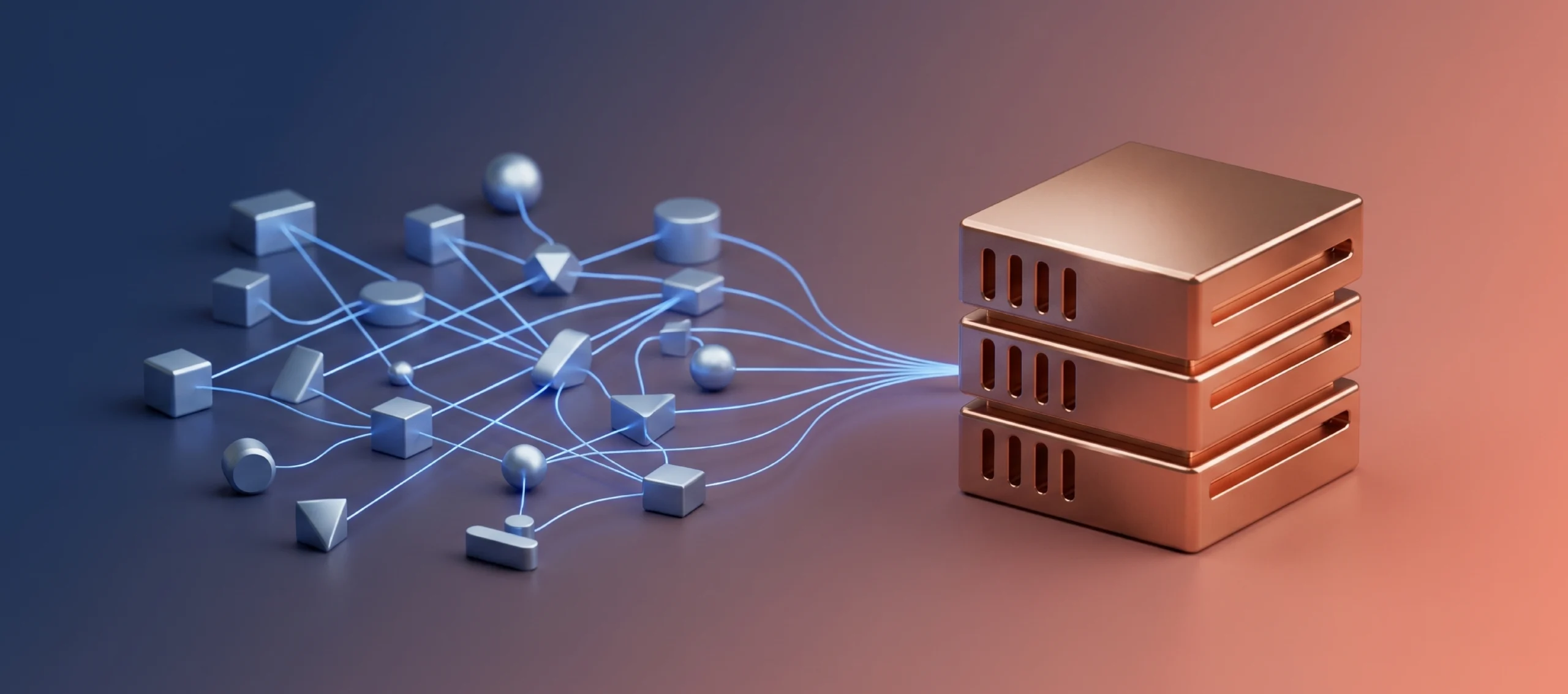 3D rendered graphic comparing a web of distributed nodes connected to a central stack of server hardware.