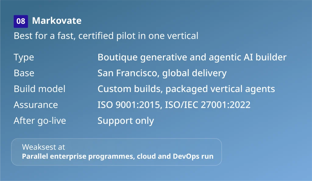 Markovate profile card: agentic AI development company for a fast, certified pilot in one vertical