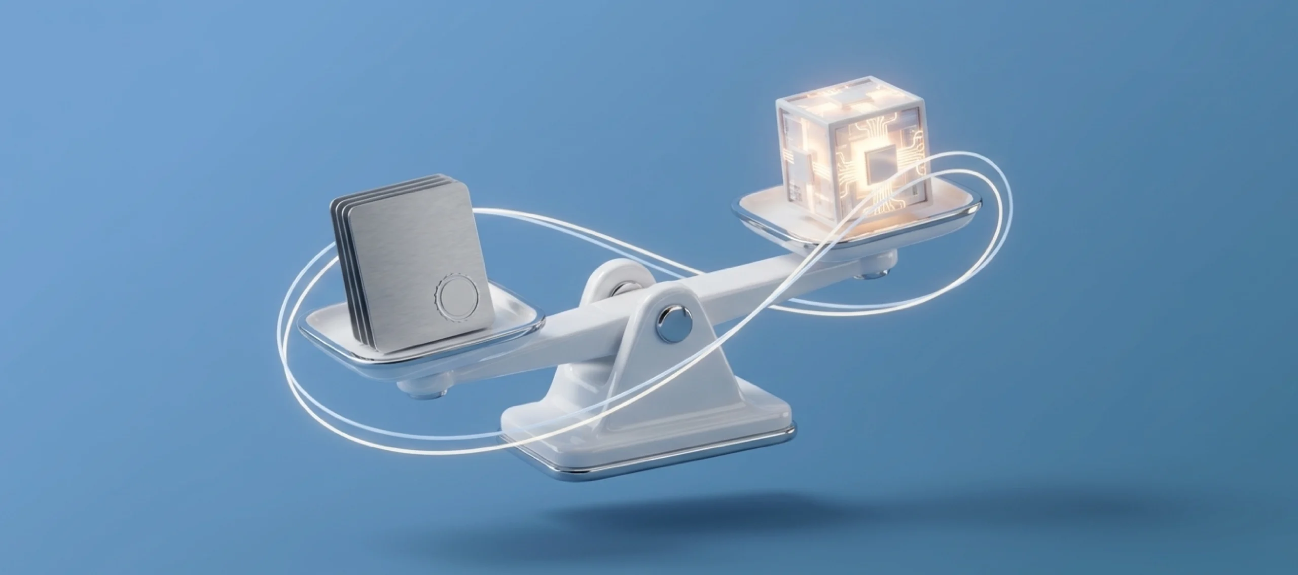 AI in regulated industries concept: balance scale weighing stacked compliance plates against a glowing AI chip cube