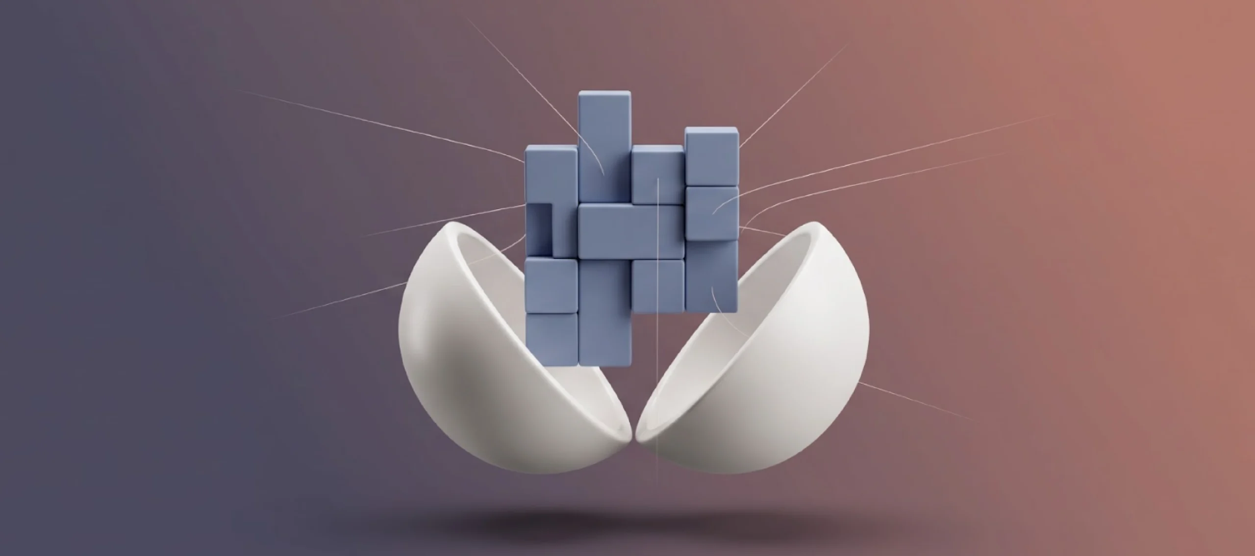 Blue blocks rising from an opened white sphere, representing the capability an AI innovation service leaves with your team
