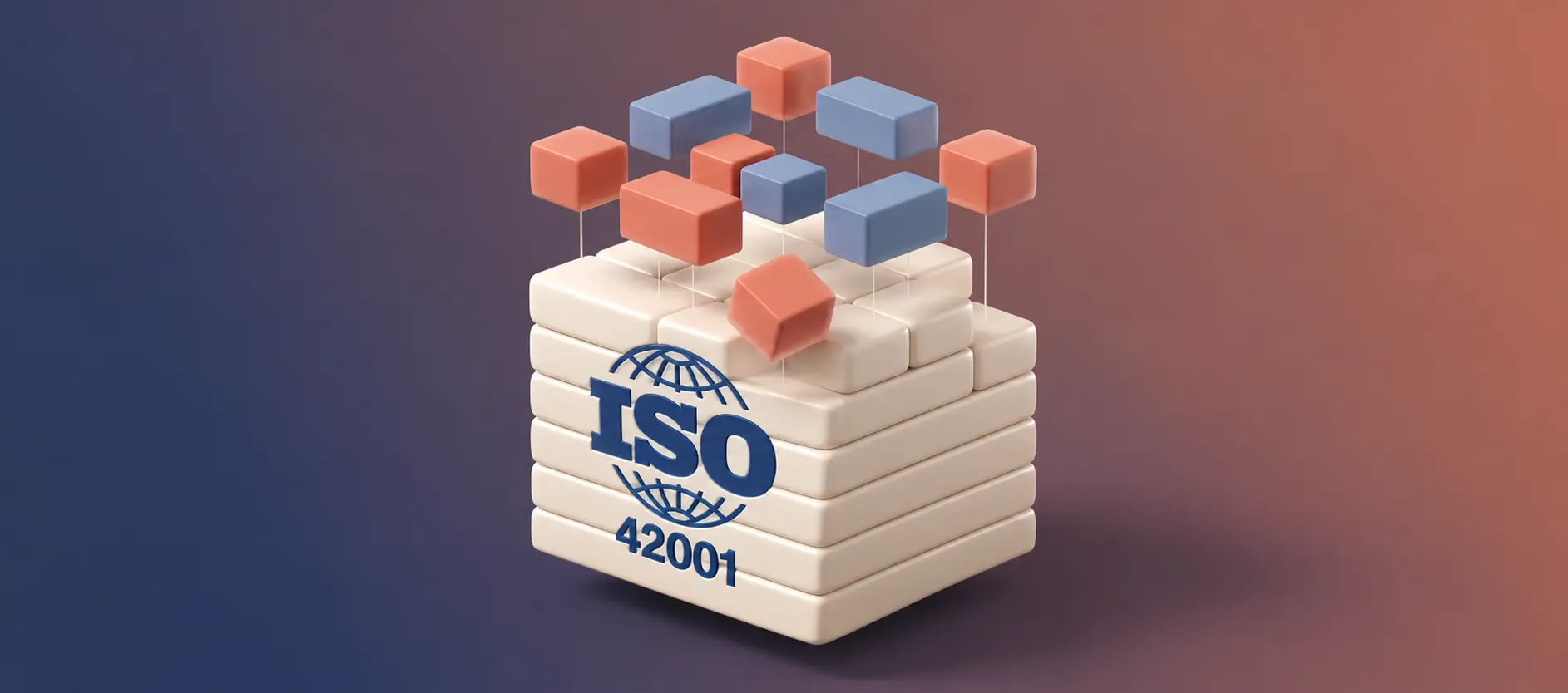 ISO 42001 illustration of coloured blocks being placed onto a stacked base marked with the ISO 42001 logo