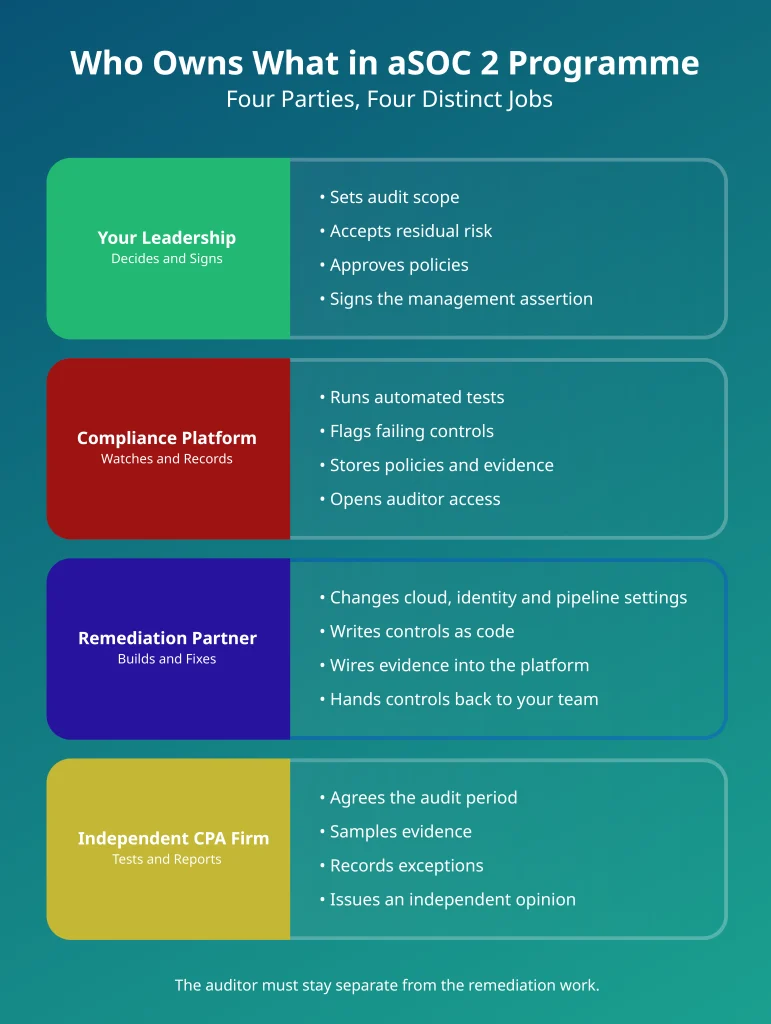 SOC 2 remediation roles split across leadership, compliance platform, remediation partner and independent CPA firm