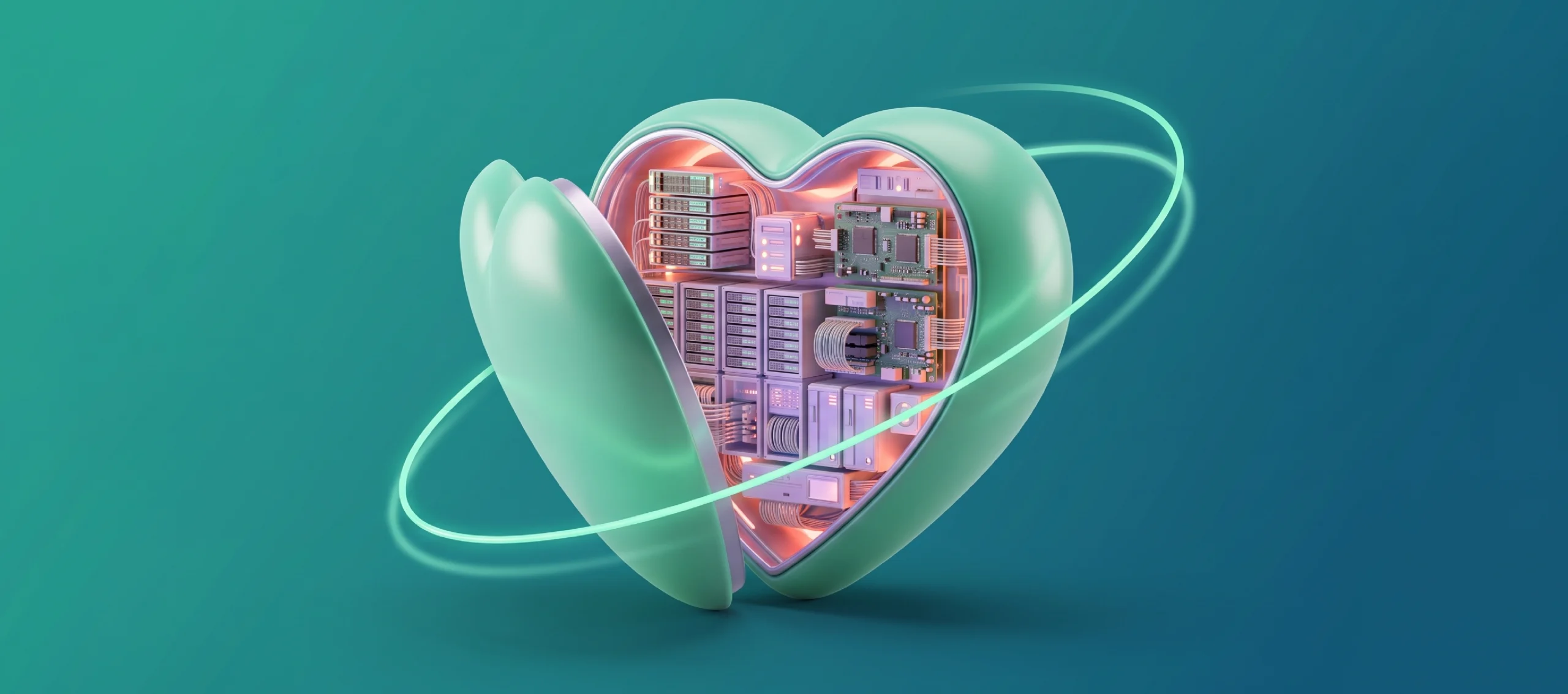Top healthtech companies 2026 concept: a heart opening to reveal servers and circuit boards