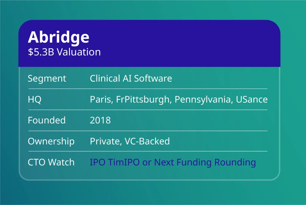 Top healthtech companies 2026: Abridge profile card with $5.3B valuation and Pittsburgh, Pennsylvania HQ